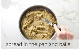 Hand spreads batter in round cake pan with offset spatula; baking text below.