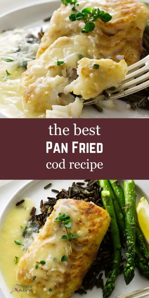 Pan seared cod with sauce and herbs over rice, asparagus, lemon wedge.