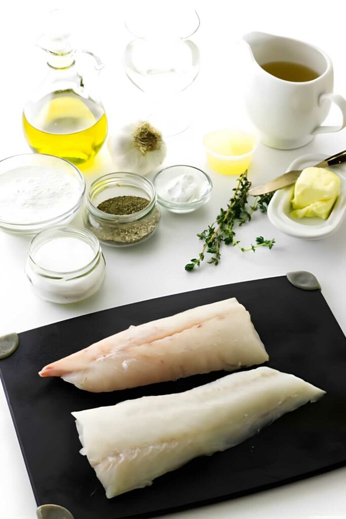 Two raw cod fillets on black cutting board, surrounded by assorted ingredients.
