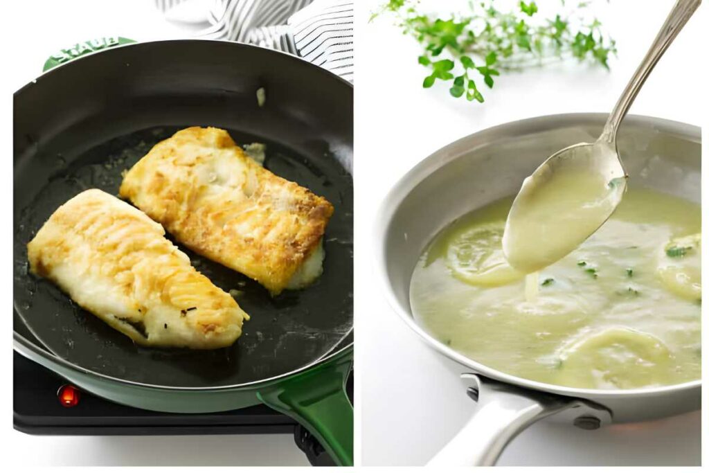 Seared cod fillets in a pan; spoon lifting creamy vegetable sauce.