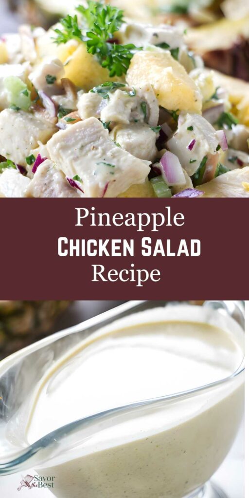 Pineapple chicken salad in a bowl next to curry dressing.