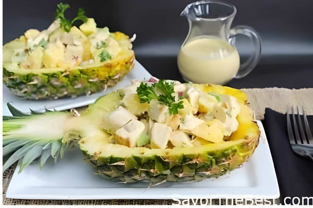 Pineapple halves filled with chicken salad, creamy dressing in background.