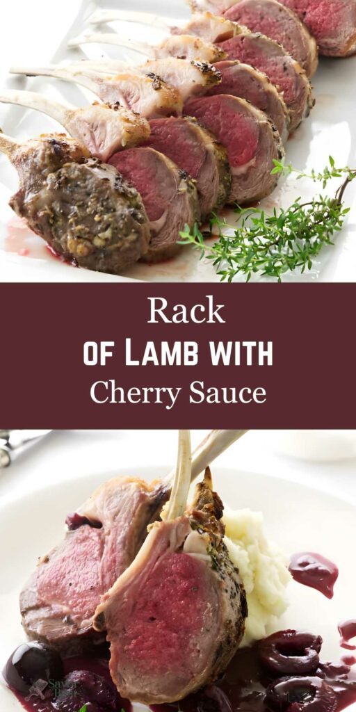 Rack of lamb with herbs and lamb chops with mashed potatoes, cherry sauce.