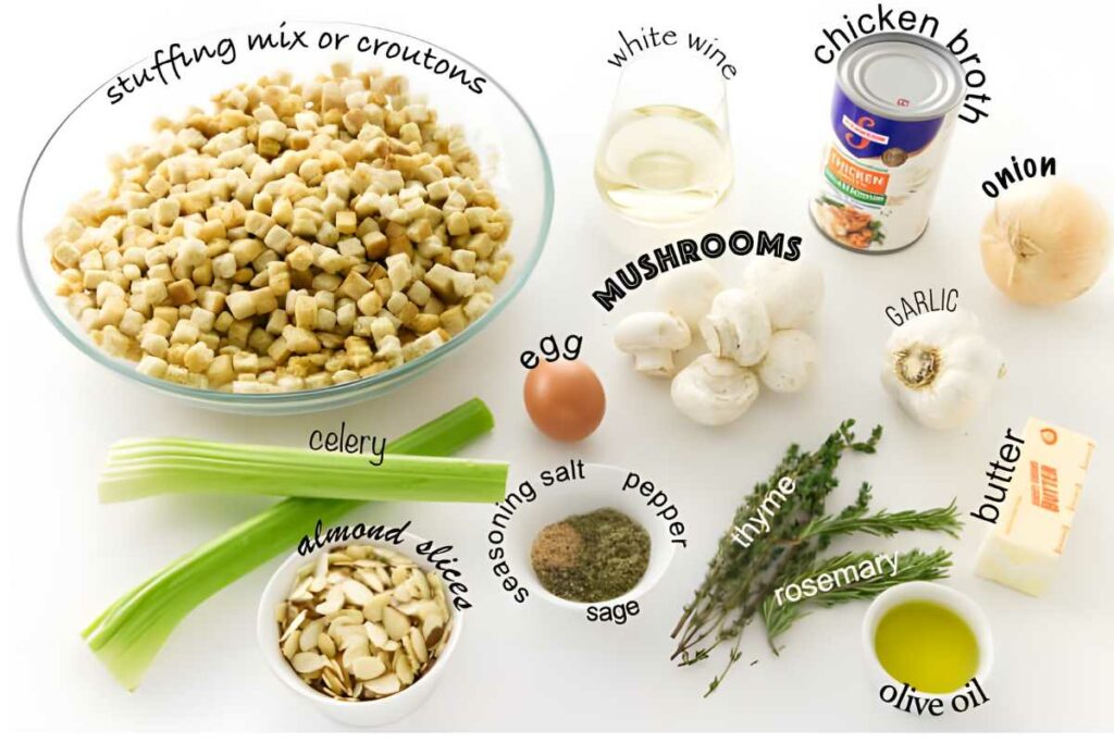 Stuffing mix in a bowl surrounded by various fresh ingredients and seasonings.