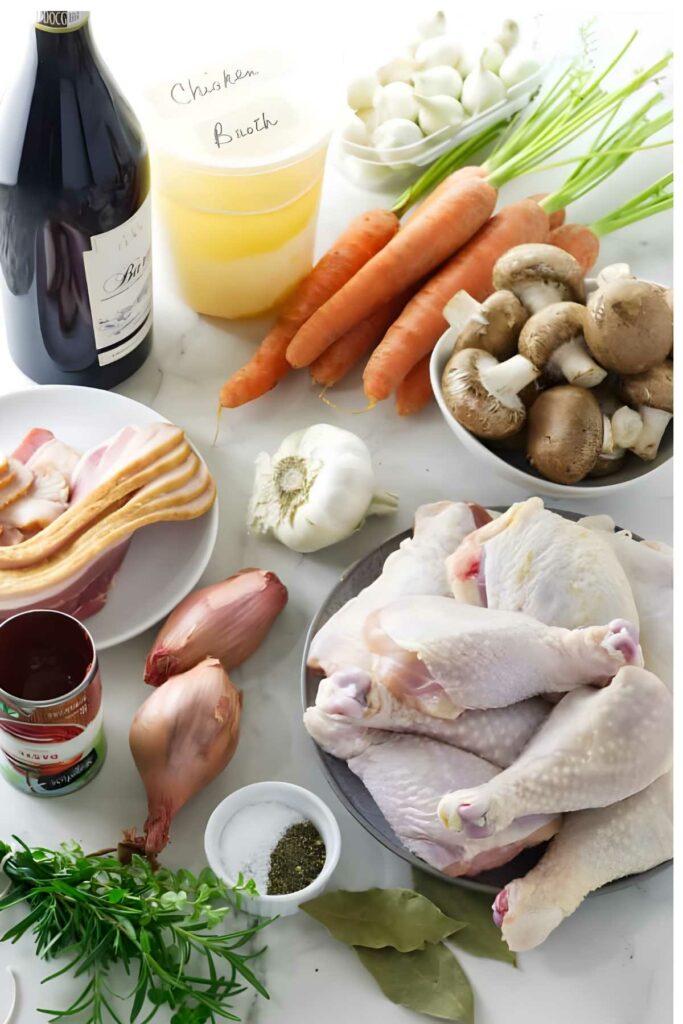 Raw chicken drumsticks and various vegetables, herbs, bacon, wine, and broth on white surface.