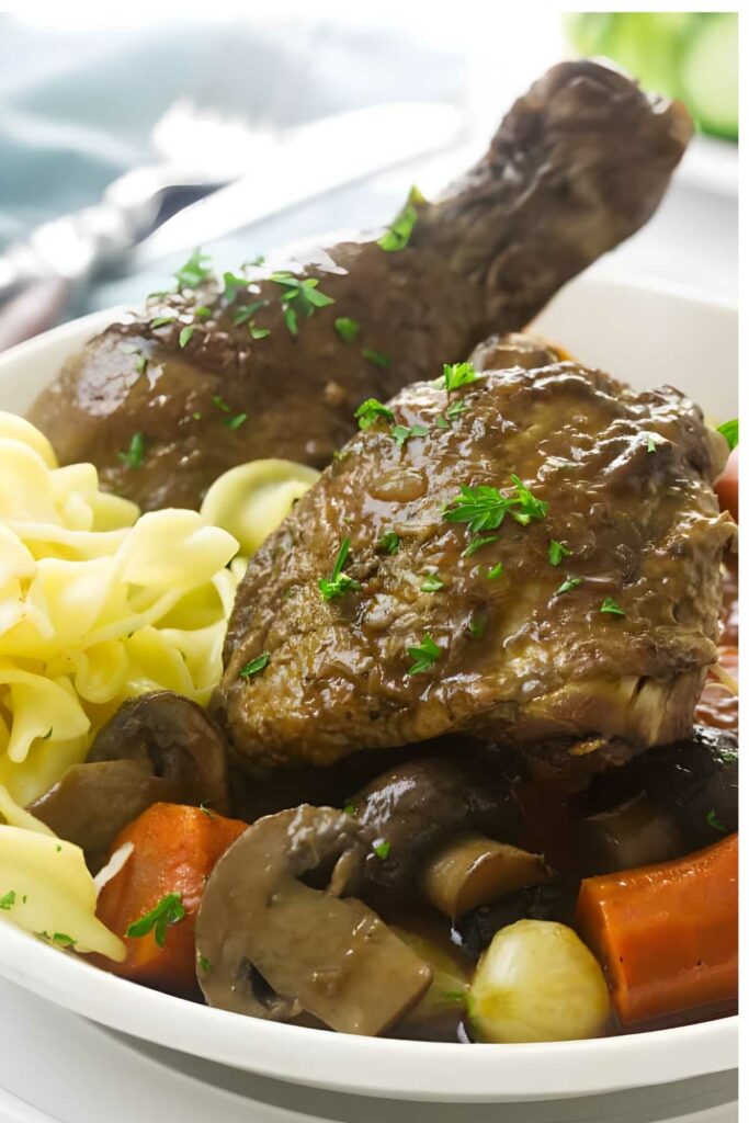 Plate of French chicken, egg noodles, mushrooms, carrots, and pearl onions.