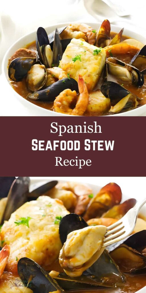 Bowl of Spanish seafood stew with mussels, shrimp, white fish, and parsley.