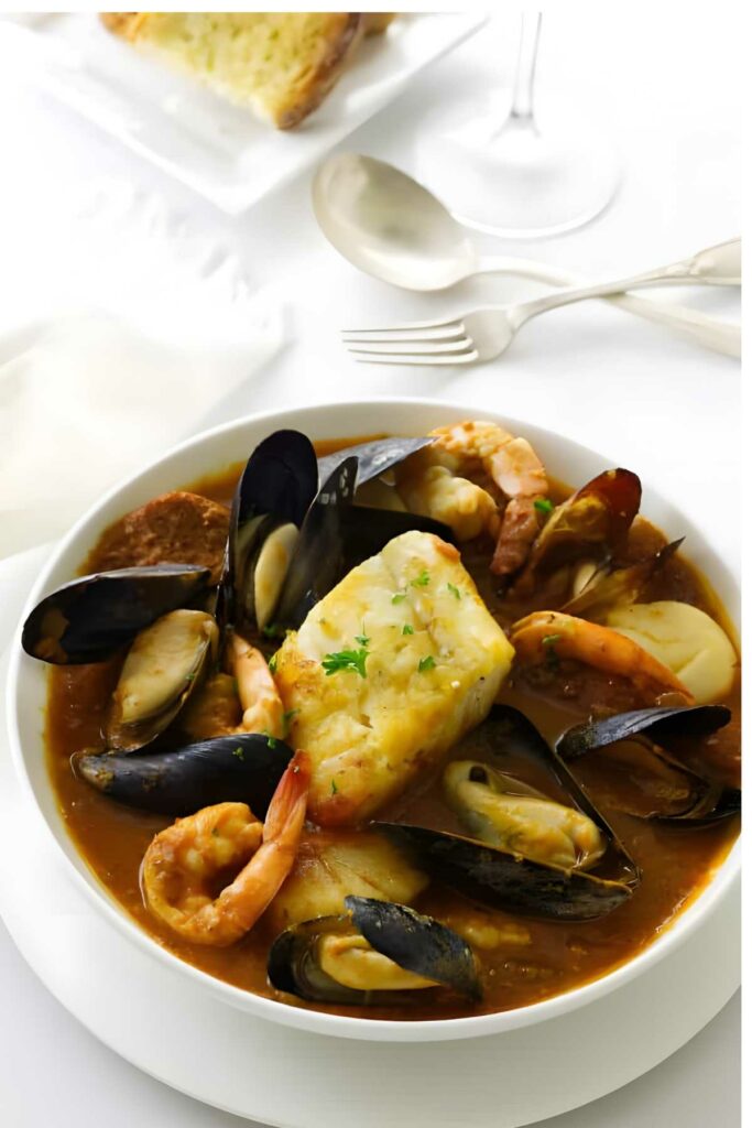 Seafood stew with mussels, shrimp, and fish in a white bowl.