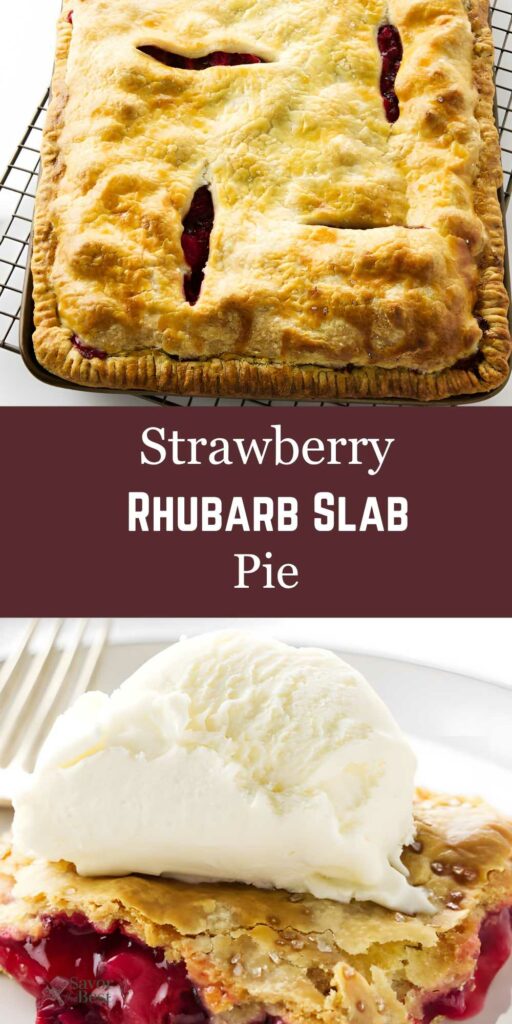 Strawberry rhubarb slab pie with vanilla ice cream and text label on top.