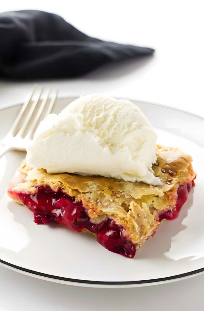 Strawberry rhubarb pie slice with vanilla ice cream on a white plate, fork beside.