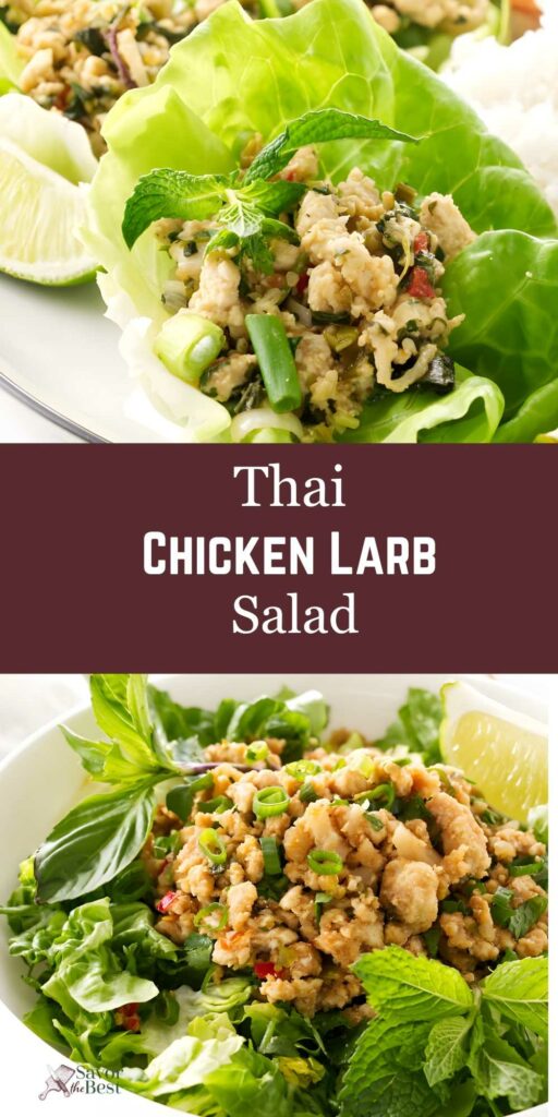 Two plates of Thai chicken larb salad with herbs, lettuce, and lime.