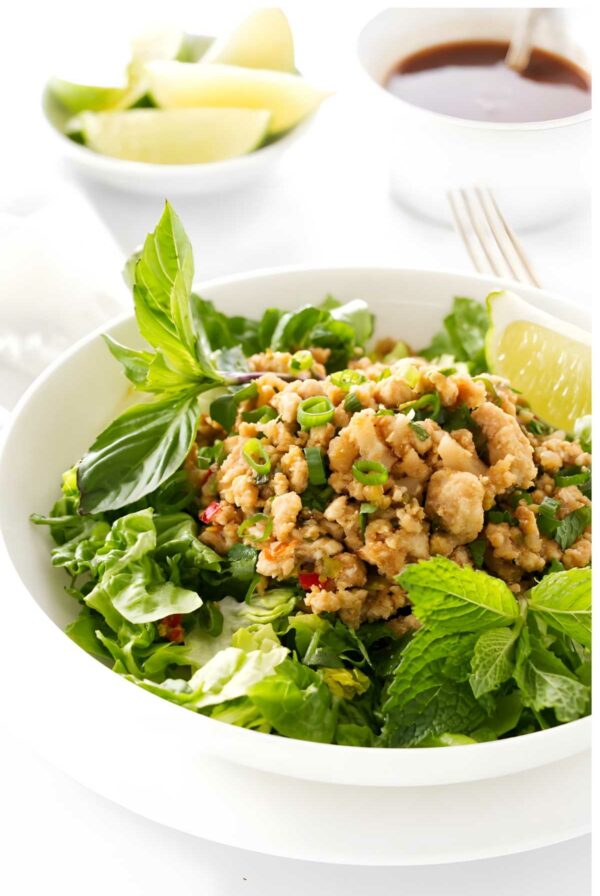 Minced chicken salad with herbs in a white bowl, lime garnish.