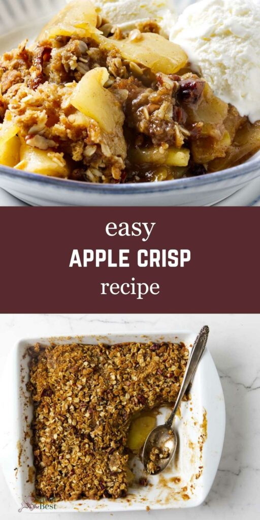 A baking dish with an apple crisp and a bowl with a serving of the apple dessert.