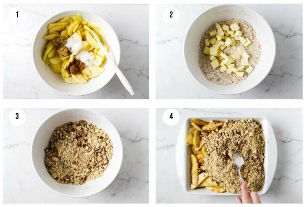 Four photos showing how to make a homemade apple crisp recipe.