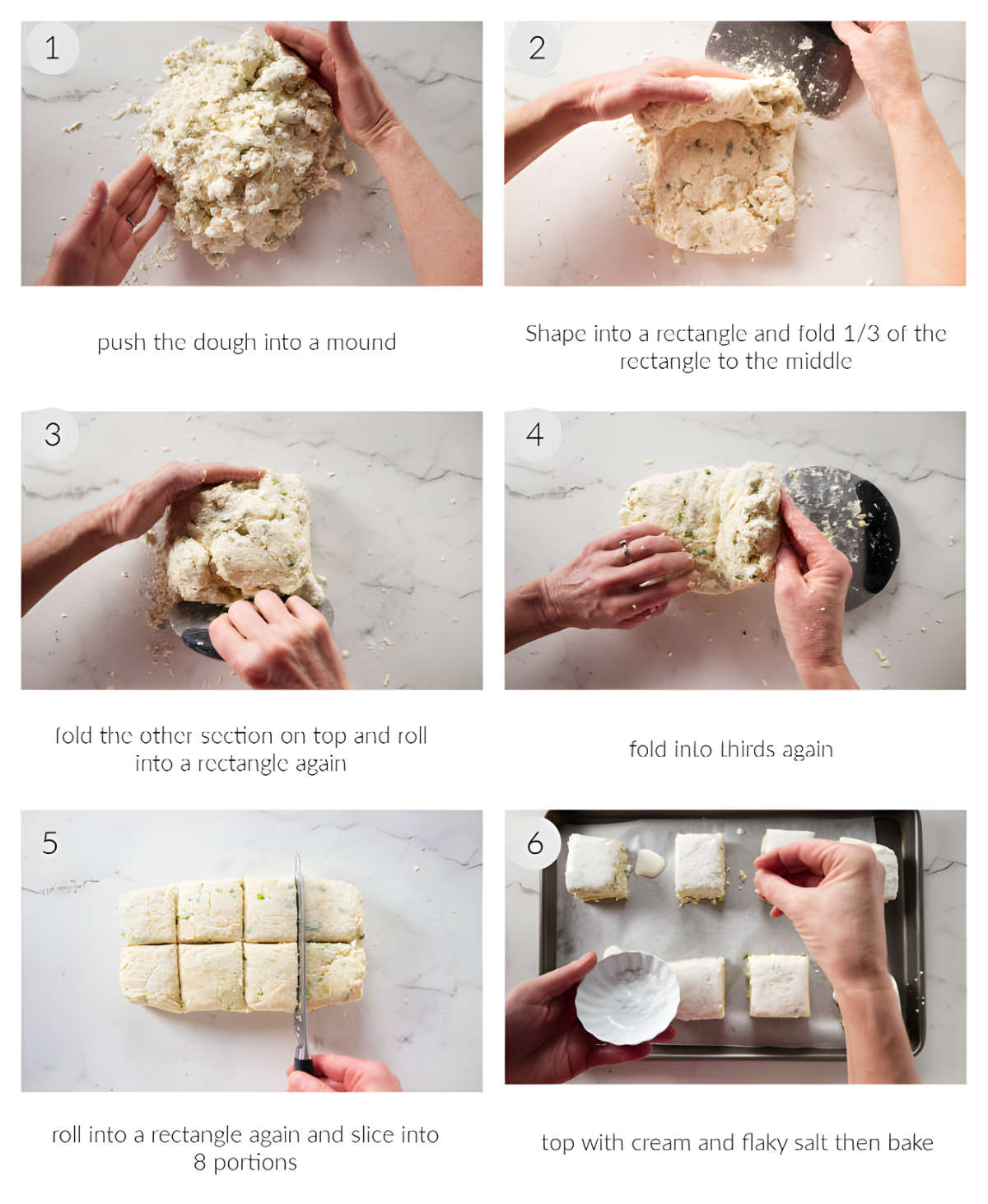 Six photos showing how to make flaky onion biscuits with cheese.