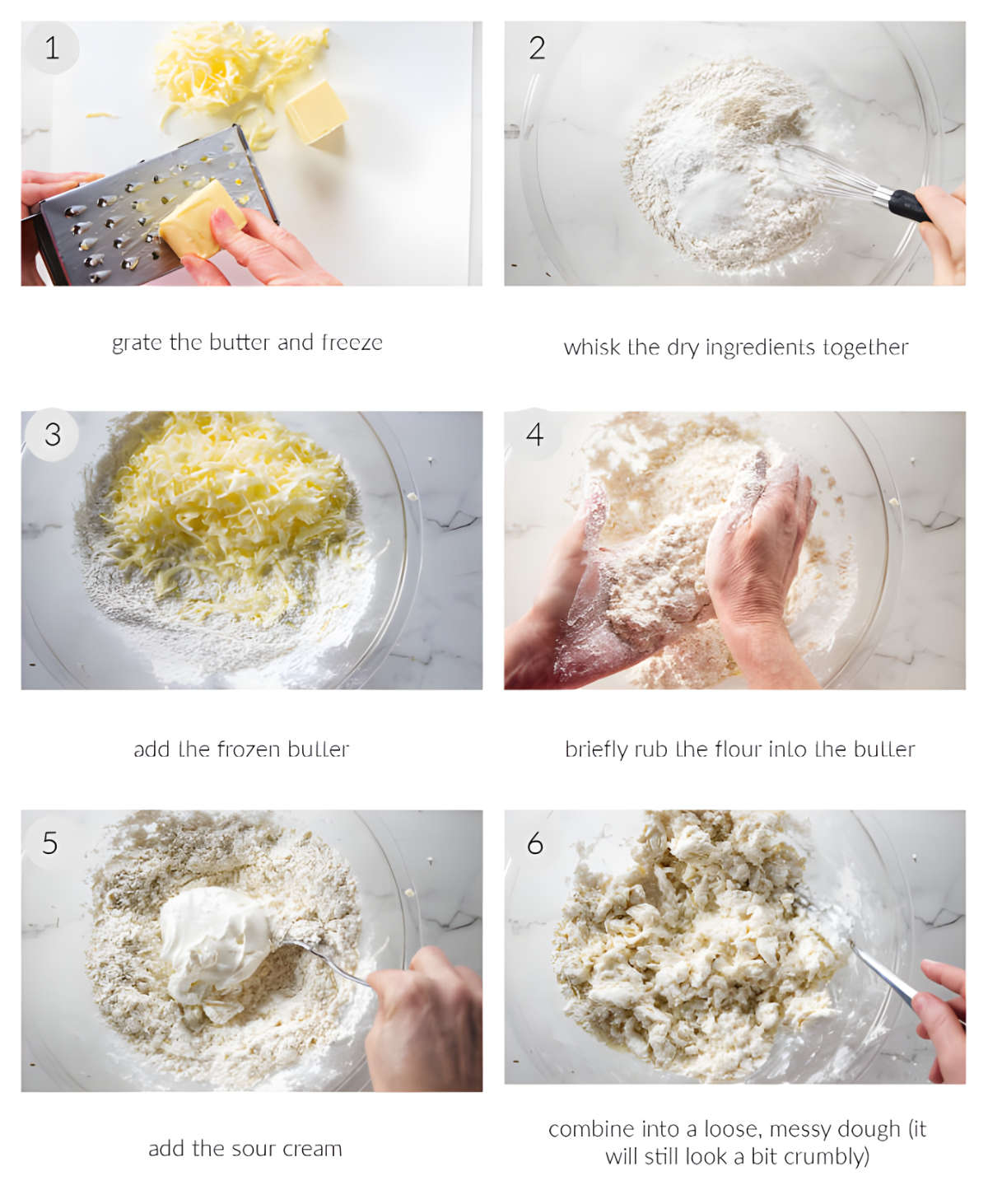 Grating frozen butter and mixing it with flour and sour cream for biscuits.