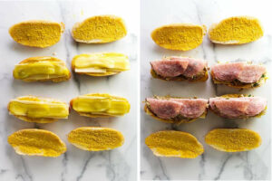 Two photos stacking pickles and meat for how to make a cuban sandwich.