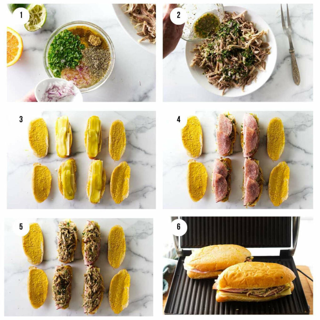 Six process pictures showing how to make pressed Cuban sandwiches with salami.
