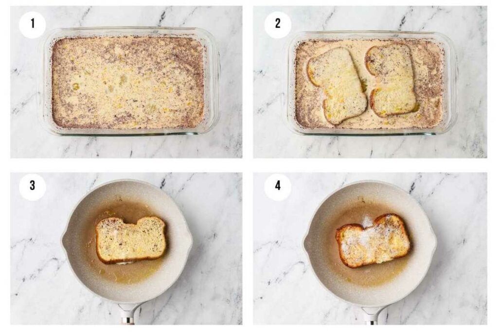 Four photos showing how to make classic french toast on the stovetop.