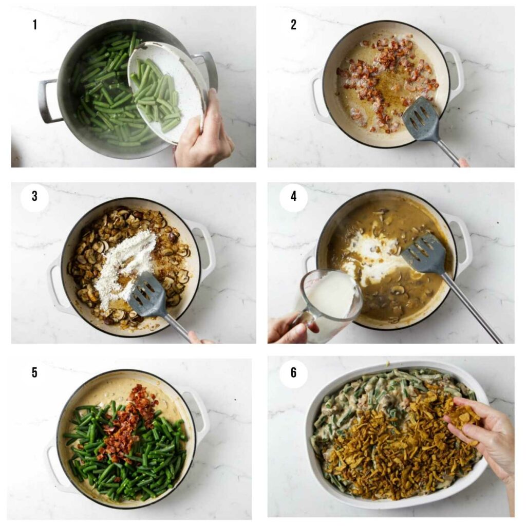 Six photos showing how to make a green bean casserole with fresh green beans.