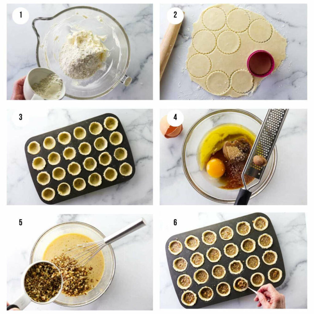 Six photos showing how to make pecan pie tassies.