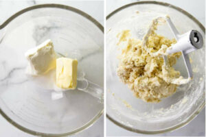 Two photos showing how to make cream cheese pie crust.