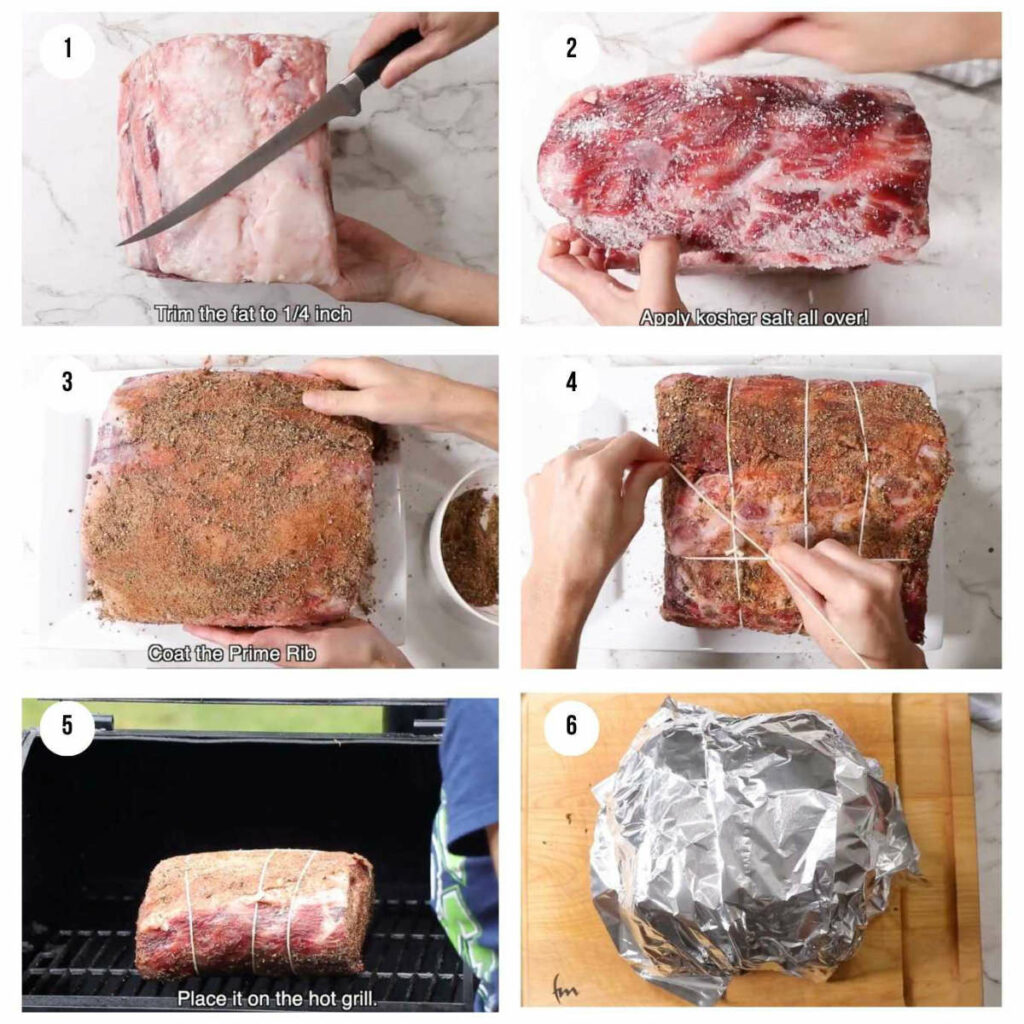 Six photos showing how to smoke a prime rib on an outdoor smoker.