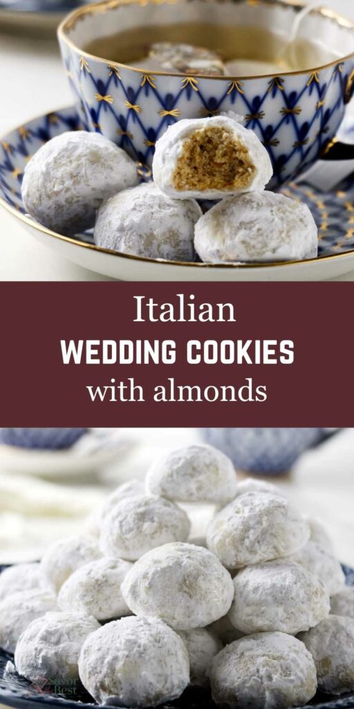 Italian tea cookies with a cup of tea in the background.