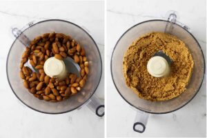 Grinding roasted almonds in a food processor.