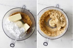 Blending butter and sugar into almond flour.