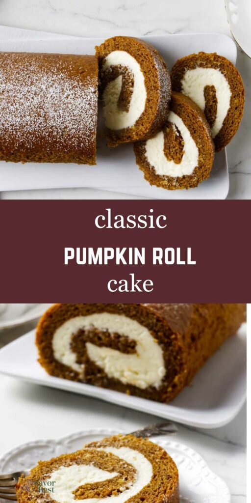 A partially sliced swiss pumpkin roll on a platter.