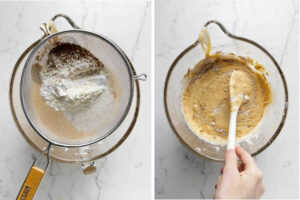 Adding the flour to the batter and folding it into the swiss cake batter with a spatula.