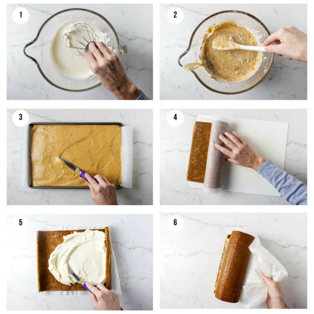 Six photos showing how to make a Swiss pumpkin roll cake.
