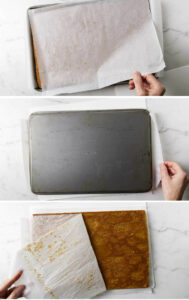 Three photos showing how to invert a warm jelly roll cake and remove the parchment.