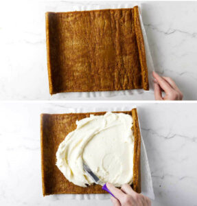 Unrolling the pumpkin roll and filling it with cream cheese filling.