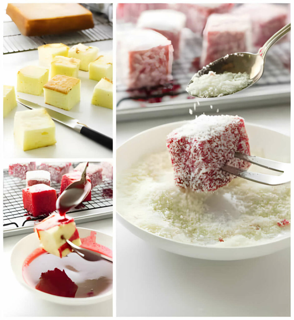 Three photos showing how to make raspberry lamingtons coated in coconut.