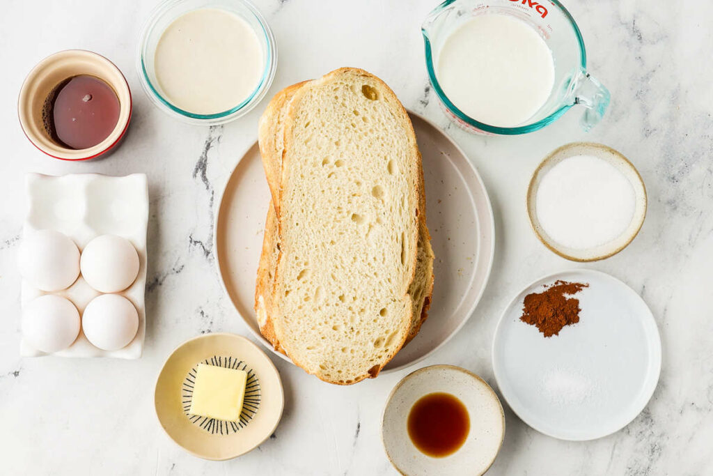 Ingredients used for making French toast with sourdough bread and discard.