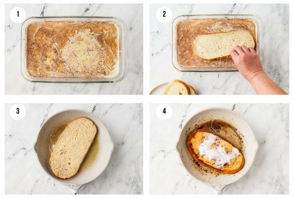 Four photos showing how to make sourdough french toast.