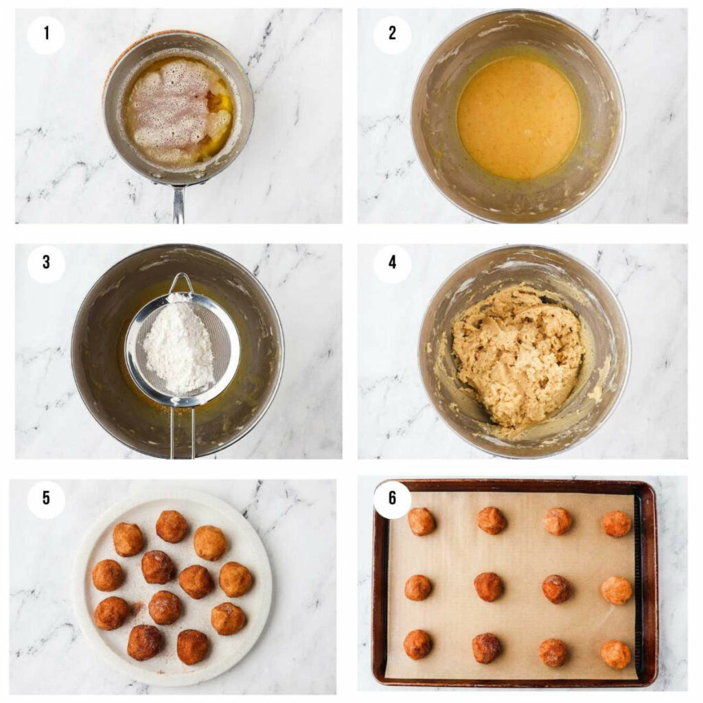 Six photos showing how to make snickerdoodles with sourdough discard. 