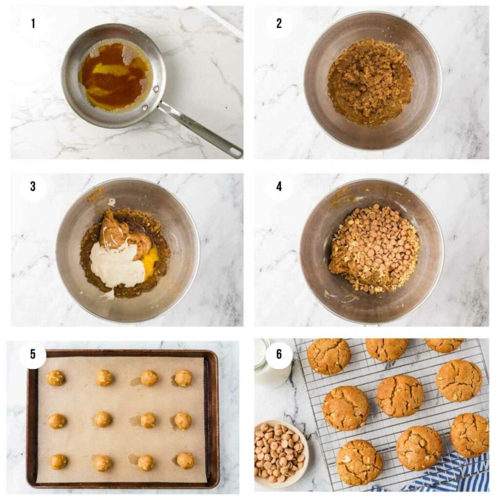 Collage showing six steps of making cookies, from mixing to baking.