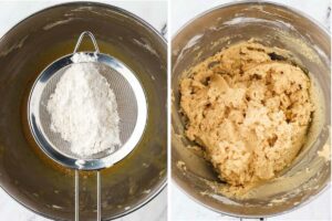 Adding flour to the mixing bowl and mixing the cookie dough.