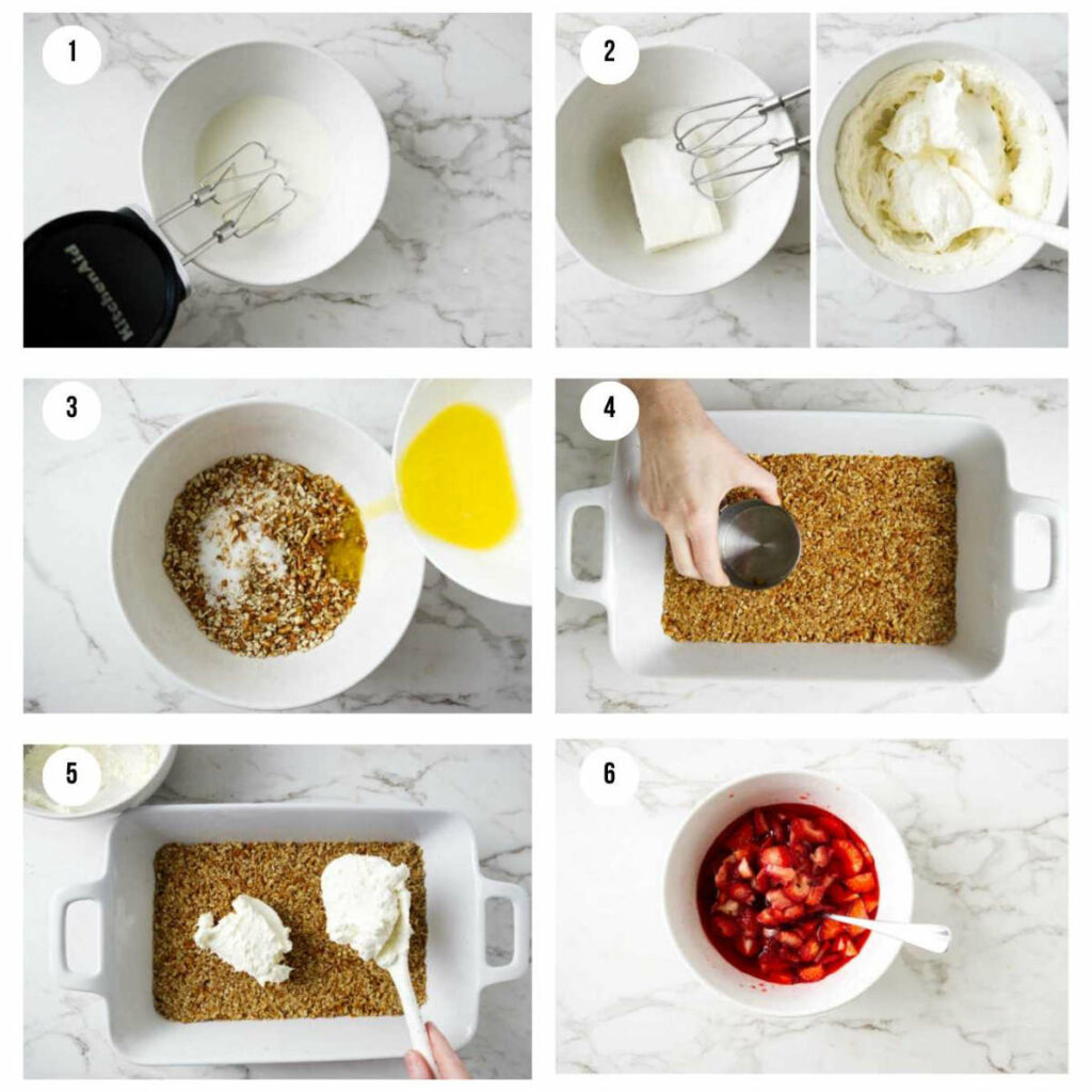 Six photos showing how to make strawberry jello pretzel bars.