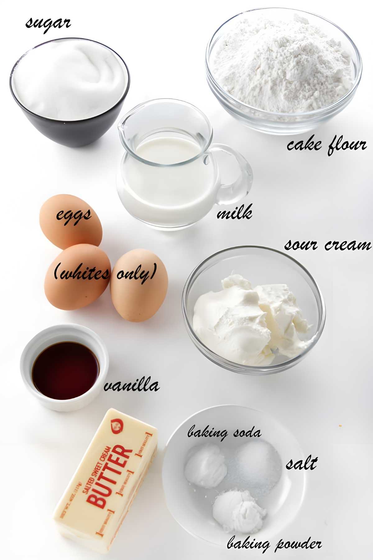 Top-down view of labeled cake ingredients: sugar, flour, eggs, milk, butter, and more.