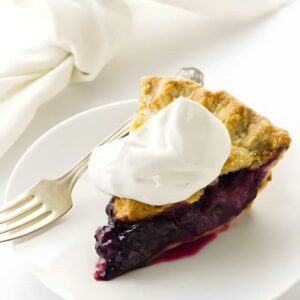 Blueberry rhubarb pie slice with golden crust, whipped cream, and fork on white plate.