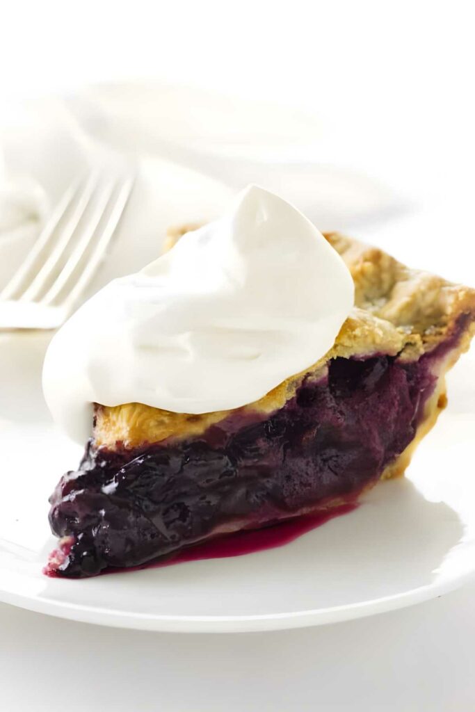 Blueberry rhubarb pie slice with whipped cream on white plate, fork behind.
