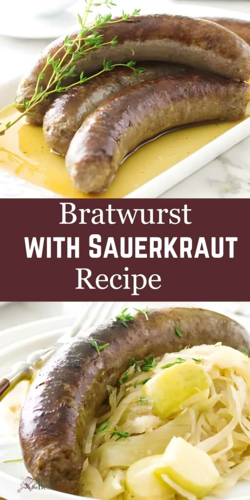 Bratwursts on white plates, one with thyme, one with sauerkraut and cabbage.