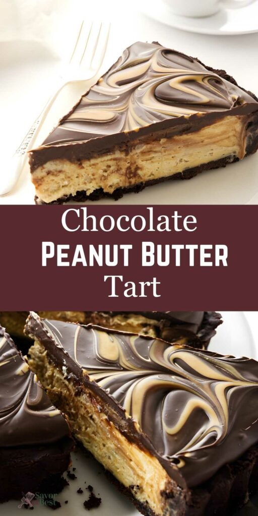 Chocolate peanut butter tart with swirled top and creamy filling, sliced on plates.