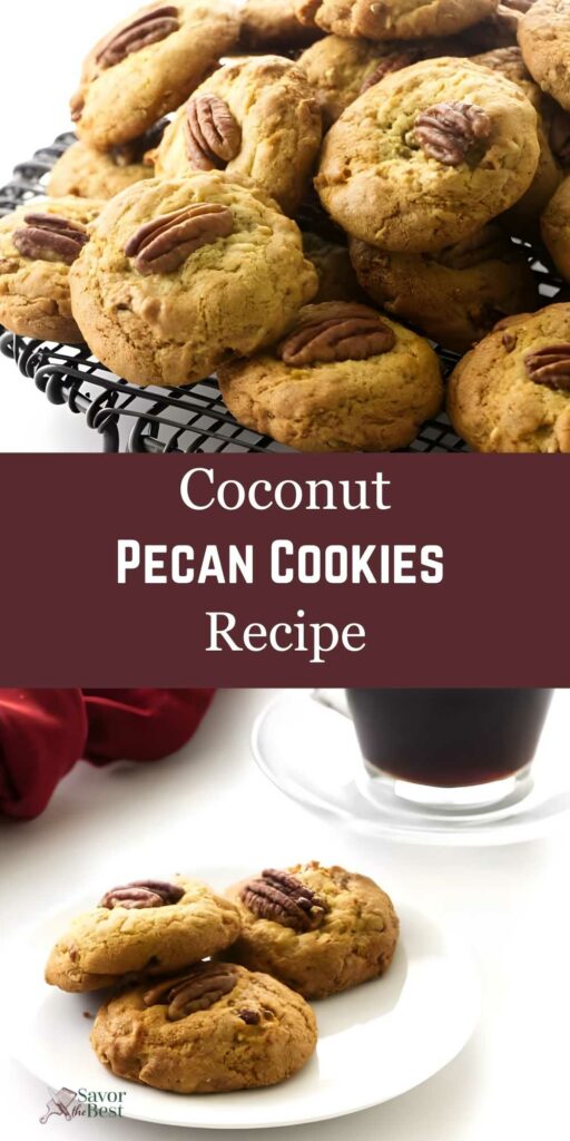 Coconut pecan cookies on a cooling rack and plate, with coffee. Recipe text.