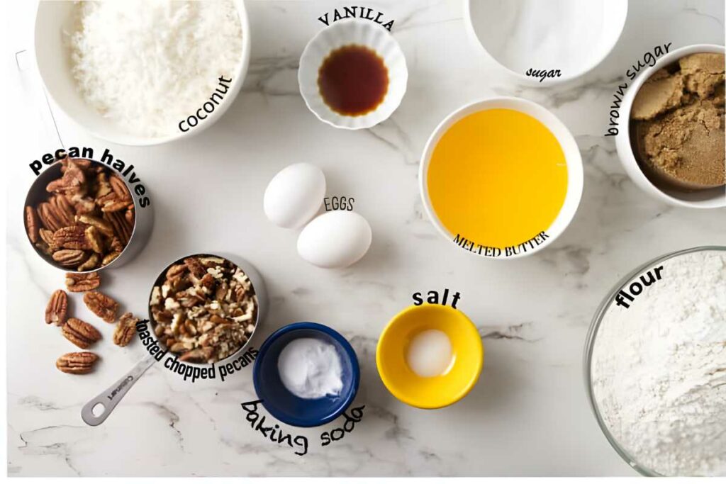 Baking ingredients in bowls on marble countertop, including sugars, flour, pecans, eggs.