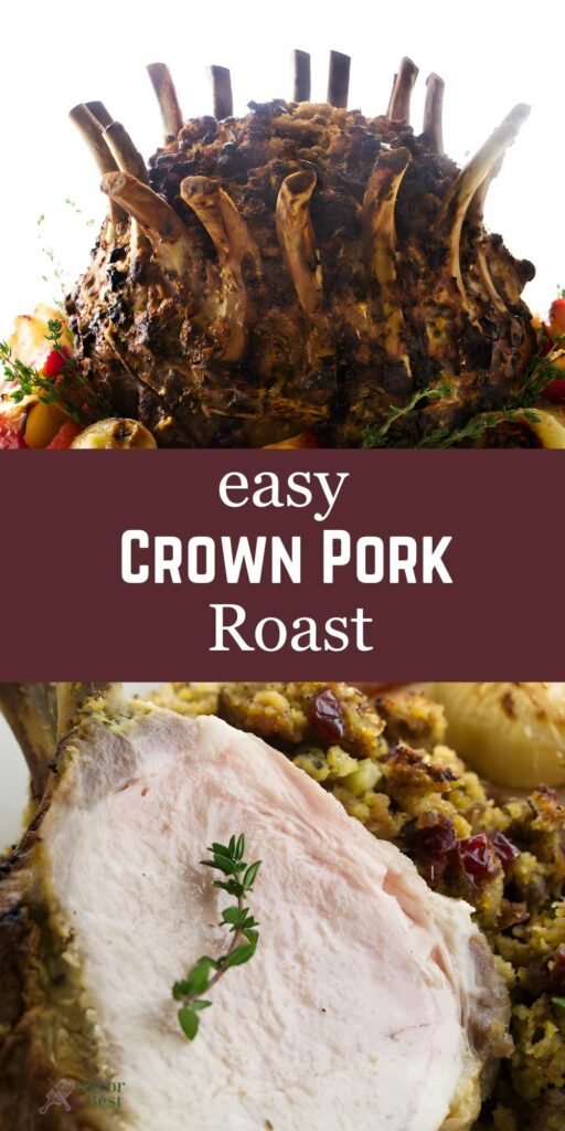 Crown pork roast with herbs and vegetables, shown whole and sliced with stuffing.
